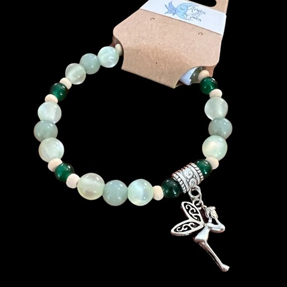 Arwen and Gwen Green Glass Beaded Stretch Bracelet with Silver Fairy Charm - Picture 1 of 2